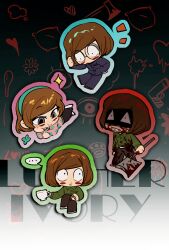 4boys absurdres axe axe_luther black_background blood blood_on_axe blood_on_clothes blood_on_face bloody_weapon brown_hair character_name chibi dream_luther gakuran glasses green_shirt highres holding holding_axe imnotrlup luther_von_ivory male_focus multiple_boys randal&#039;s_friends round_eyewear school_uniform shirt short_hair weapon