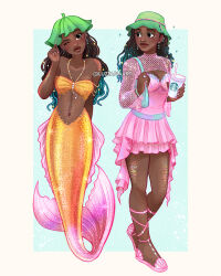 1girl aqua_hair artist_name bra brown_eyes brown_hair cup dark-skinned_female dark_skin disposable_cup dress gradient_hair green_hat hat highres holding holding_cup long_hair luztapiaart mermaid monster_girl multicolored_hair navel orange_bra original pink_dress starbucks two-tone_hair underwear victoria_(luztapiaart) watermark