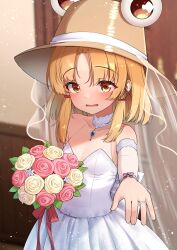 Rule 34 | 1girl, bare shoulders, blonde hair, blush, bouquet, breasts, bridal veil, bride, brown hat, collarbone, commentary request, commission, dress, flower, hair ribbon, hat, highres, holding, holding bouquet, jewelry, looking at viewer, moriya suwako, onkona minazuki, parted bangs, pink flower, pink rose, red ribbon, ribbon, ring, rose, see-through cleavage, see-through clothes, skeb commission, sleeveless, sleeveless dress, small breasts, smile, solo, touhou, tress ribbon, upper body, veil, wedding dress, wedding ring, white dress, white flower, white rose, yellow eyes