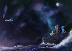 1boy 1girl arm_support black_footwear black_shirt brother_and_sister cloud commentary creatures_(company) double_bun dress game_freak gen_1_pokemon gen_2_pokemon green_hair hair_bun headband highres jolteon jovi_(pokemon) legendary_pokemon looking_up lopuii lugia michael_(pokemon) moon night nintendo outdoors pants parted_lips pokemon pokemon_(creature) pokemon_xd shirt shoes siblings signature sitting sky smile vest water white_dress yellow_vest