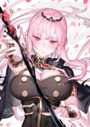 1girl absurdres black_cape black_dress black_tiara blush bracer breasts cape cleavage commentary dress english_commentary fingernails highres holding holding_scythe hololive hololive_english kamiya_maneki large_breasts long_hair looking_at_viewer mori_calliope mori_calliope_(1st_costume) nail_polish parted_lips petals pink_eyes pink_hair pink_nails scythe see-through_clothes see-through_veil signature solo tiara twitter_username veil virtual_youtuber white_background white_veil