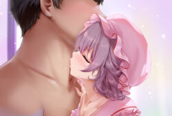 1boy 1girl absurdres adam&#039;s_apple breasts cleavage closed_eyes commission dress faceless faceless_male hat hetero highres kiss kissing_neck lips medium_hair mob_cap nironiro petite pink_dress pink_hat pink_nails pixiv_commission purple_hair red_eyes remilia_scarlet touhou