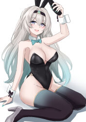 1girl absurdres alternate_costume animal_ears aqua_bow aqua_bowtie bare_shoulders black_hairband black_leotard black_thighhighs bow bowtie breasts cleavage commentary covered_navel fake_animal_ears firefly_(honkai:_star_rail) green_hair grey_hair hairband high_heels highres hivern honkai:_star_rail honkai_(series) large_breasts leotard long_hair multicolored_eyes multicolored_hair open_mouth playboy_bunny rabbit_ears simple_background sitting smile solo thighhighs thighs two-tone_eyes two-tone_hair wariza white_background wrist_cuffs