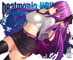 Rule 34 | 1girl, beatmania iidx, bemani, black skirt, black thighhighs, breasts, commentary request, copyright name, crop top, finger to mouth, kinoshita ichi, long hair, looking at viewer, medium breasts, midriff, mizushiro celica, purple eyes, purple hair, shirt, shushing, skirt, solo, thighhighs, twintails, white shirt, zettai ryouiki