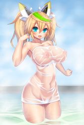 1girl absurdres alternate_costume aqua_eyes asamura_hiori blonde_hair breasts convenient_censoring covered_erect_nipples covered_navel female_focus gene_(pso2) green_hair groin hair_between_eyes highres huge_breasts impossible_clothes impossible_shirt long_hair looking_at_viewer multicolored_hair nipples open_mouth phantasy_star phantasy_star_online_2 puffy_nipples see-through_clothes shirt smile solo standing streaked_hair twintails two-tone_hair wading water wet wet_clothes wet_shirt