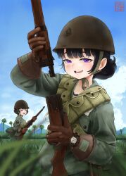 2girls absurdres ammunition_pouch arisaka assembling bandolier belt black_hair blue_sky bolt_action brown_gloves cloud combat_helmet gloves grass green_jacket gun helmet highres holding holding_gun holding_weapon imperial_japanese_navy jacket lollies_2020 looking_at_viewer military military_rank_insignia military_uniform mountain mountainous_horizon multiple_girls open_mouth original palm_tree paratrooper pouch purple_eyes red_eyes rifle sky tree watch weapon world_war_ii wristwatch