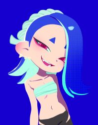 1girl blue_hair chest_sarashi earrings fangs highres jewelry looking_at_viewer nintendo octoling open_mouth pants red_eyes sarashi shiver_(deep_cut_outfit)_(splatoon) shiver_(splatoon) smile solo splatoon_(series) splatoon_3 tentacle_hair tooth_earrings xjhxbssj