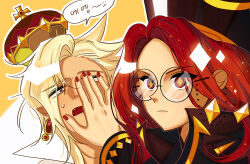Rule 34 | 1boy, 1girl, \||/, alchemist cookie, alchemist cookie (guileful queen), asymmetrical hair, black-framed eyewear, black hat, black shirt, blonde hair, brother and sister, closed mouth, commentary, cookie run, cookie run: ovenbreak, crown, diamond-shaped pupils, diamond (shape), earrings, eyes visible through hair, fang, frown, glasses, hair flaps, hair over one eye, hand up, hat, humanization, jewelry, korean text, long hair, long sleeves, looking at viewer, nail polish, official alternate costume, official alternate eye color, official alternate hair color, official alternate hairstyle, open mouth, orange pupils, outline, parted bangs, ponong, portrait, red eyes, red hair, red nails, round eyewear, shirt, siblings, simple background, sweatdrop, symbol-only commentary, symbol-shaped pupils, translation request, v-shaped eyebrows, vampire cookie, vampire cookie (insouciant king), white outline, yellow background