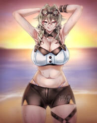 1girl absurdres armpits arms_up artist_name beach bikini_under_shorts breasts brown_hair brown_shorts cleavage commentary crop_top english_commentary facebook_logo goggles goggles_on_head gradient_sky highres honkai_(series) honkai_impact_3rd huge_breasts licking_lips looking_at_viewer mea_(manami030) medium_hair navel ocean outdoors pixiv_logo presenting_armpit short_shorts shorts sky solo stomach sunset tongue tongue_out vill-v
