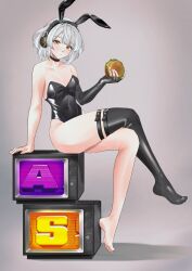 Rule 34 | 1girl, :/, absurdres, anby demara, animal ear headphones, animal ears, arm support, bare shoulders, barefoot, black choker, black gloves, black leotard, black thighhighs, blush, breasts, burger, choker, commentary, covered navel, crossed legs, crt, elbow gloves, english commentary, fake animal ears, feet, fingerless gloves, food, full body, gloves, gradient background, grey background, grey hair, headphones, highleg, highleg leotard, highres, holding, holding burger, holding food, leotard, looking at viewer, medium breasts, meisaki, orange eyes, playboy bunny, rabbit ears, short hair, simple background, single glove, single thighhigh, sitting, sitting on object, soles, solo, television, thigh strap, thighhighs, thighs, toes, zenless zone zero
