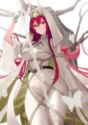 1girl aoi_tooru arknights arm_up ascalon_(arknights) ascalon_(phototaxis)_(arknights) blurry blurry_background breasts bug butterfly cape commentary cowboy_shot criss-cross_straps dress facial_mark gauntlets hair_between_eyes highres hood hooded_cape horns insect large_breasts long_dress long_hair long_sleeves looking_at_viewer official_alternate_costume parted_lips pink_eyes pink_hair solo taut_clothes taut_dress two-sided_fabric two-sided_headwear white_background white_cape white_dress white_horns wide_sleeves