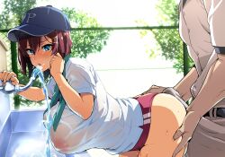 1boy 1girl akane_wa_tsumare_somerareru ass baseball_cap bent_over blue_eyes breasts bulge buruma buttjob buttjob_over_clothes covered_erect_nipples erection erection_under_clothes facing_viewer fountain grabbing_another&#039;s_ass groping gym_uniform hat highres huge_breasts large_breasts nanao_akane netorare nipples outdoors precum precum_through_clothes purple_hair see-through_clothes shirt short_hair standing sweat takeda_hiromitsu wet wet_clothes white_shirt