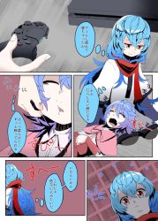 ... 2girls alternate_costume blue_hair cheek_pull closed_eyes comic commentary_request controller drooling fang game_console game_controller hair_between_eyes hinanawi_tenshi holding holding_controller holding_game_controller kakegami lap_pillow long_hair looking_at_another looking_down multiple_girls playstation_2 playstation_controller red_eyes red_scarf remilia_scarlet scarf seiza shadow short_hair sitting sleeping smile speech_bubble thought_bubble touhou translation_request very_long_hair