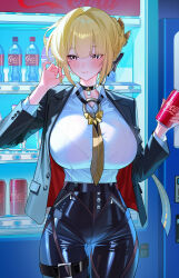Rule 34 | 1girl, absurdres, alternate breast size, averting eyes, black choker, black jacket, black pants, blonde hair, blush, bra visible through clothes, breasts, can, choker, closed mouth, coca-cola, collared shirt, commentary request, drink can, evelyn chevalier, hand up, high-waist pants, highres, holding, holding can, huge breasts, jacket, large breasts, latex pants, mole, mole under eye, necktie, pants, playing with own hair, purple eyes, ring hair ornament, shirt, shirt tucked in, short hair, smile, soda can, solo, tight clothes, tight pants, vending machine, white shirt, yellow necktie, yueyueyue yao, zenless zone zero