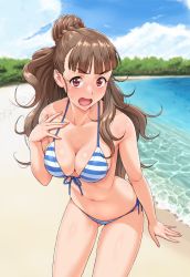 1girl bare_shoulders beach bikini blunt_bangs blush breasts brown_hair cleavage cloud collarbone commentary_request cowboy_shot day embarrassed female_focus front-tie_top hair_bun highres idolmaster idolmaster_cinderella_girls kamiya_nao long_hair looking_at_viewer medium_breasts nigou open_mouth outdoors red_eyes single_hair_bun sky solo striped_bikini striped_clothes sweatdrop swimsuit thick_eyebrows water