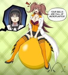 2girls absurdres ball black_hair breasts brown_hair coat dr._arach exercise_ball green_art_manga high_heels highres large_breasts long_hair looking_at_viewer multiple_girls orange_eyes tohno_akiha tsukihime twintails white_coat