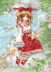 1girl blonde_hair blonde_shrine_maiden_from_a_future_era_(touhou) bloomers bow closed_mouth collarbone commentary_request derivative_work detached_sleeves flower frilled_skirt frills full_body gohei grass hair_bow hakama hakama_skirt highres hydrangea io_(maryann_blue) japanese_clothes leaf looking_at_viewer medium_hair miko ofuda pocket portrait_of_exotic_girls purple_flower red_bow red_footwear red_skirt ribbon-trimmed_sleeves ribbon_trim sitting skirt smile socks solo touhou traditional_media underwear white_bloomers white_socks wide_sleeves yellow_eyes