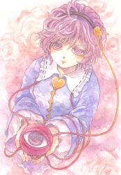1girl blue_shirt blush buttons closed_mouth commentary_request cupping_hands expressionless eyeball floral_background flower frilled_shirt_collar frills hair_between_eyes hair_ornament hairband heart heart_button heart_hair_ornament highres komeiji_satori lips long_sleeves looking_at_viewer messy_hair own_hands_together pink_flower purple_eyes purple_hair rose sanpaku shiroma_(mamiko) shirt short_hair solo third_eye touhou traditional_media wide_sleeves