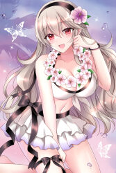 1girl bare_shoulders bikini bikini_skirt black_bow black_hairband blush bow breasts bug butterfly cleavage collarbone female_corrin_(fire_emblem) female_corrin_(novice_vacationer)_(fire_emblem) fire_emblem fire_emblem_fates fire_emblem_heroes flower flower_necklace grey_hair hair_between_eyes hair_flower hair_ornament hairband highres insect jewelry kirishima_riona kneehighs large_breasts lei long_hair looking_at_viewer navel necklace nintendo official_alternate_costume open_mouth pointy_ears red_eyes smile socks solo swimsuit thighs white_bikini