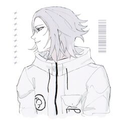 1boy aotsuki_eito bar_censor censored diamond_(shape) drawstring glasses grey_eyes greyscale grin looking_to_the_side male_focus monochrome open_mouth simple_background smile solo solo_focus the_hundred_line_-last_defense_academy- upper_body white_background white_hair