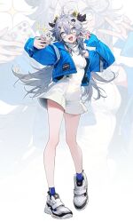 Rule 34 | 1girl, breasts, bukurote, cellphone, commentary request, cow horns, dress, full body, grey eyes, grey hair, highres, horns, jacket, long hair, open clothes, open jacket, open mouth, original, phone, selfie, shoes, small breasts, smartphone, smile, sneakers, solo, symbol-shaped pupils, v, white dress, zoom layer