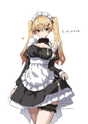 Rule 34 | 1girl, ahoge, apron, black dress, blonde hair, breasts, brown eyes, commentary request, cowboy shot, dated, dress, frilled thigh strap, highres, juliet sleeves, long hair, long sleeves, looking at viewer, maid, maid apron, maid day, maid headdress, original, puffy sleeves, simple background, skirt hold, smile, solo, takanashi kei (hitsujikan), thigh strap, twintails, white background, zipper, zipper pull tab