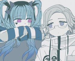 1boy 1girl amemiya_darumi aotsuki_eito black_bow black_hair blue_eyes blue_hair blue_stripes bow closed_mouth drawstring eyelashes glasses hair_between_eyes highres jacket long_hair long_sleeves multicolored_hair parted_hair pink_eyes shirt simple_background smile striped_clothes striped_shirt the_hundred_line_-last_defense_academy- twintails upper_body white_background white_hair white_jacket white_stripes