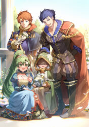 1girl 1other 2boys aged_down basket blue_dress blue_eyes blue_hair bouquet breasts brown_hair cape cleavage dress eliwood_(fire_emblem) eliwood_(valentine)_(fire_emblem) fire_emblem fire_emblem:_the_blazing_blade fire_emblem_heroes flower green_eyes green_hair hand_on_another&#039;s_head hector_(fire_emblem) hector_(just_here_to_fight)_(fire_emblem) highres holding holding_basket holding_bouquet hood kneeling large_breasts long_hair looking_at_viewer lyn_(fire_emblem) lyn_(wind&#039;s_embrace)_(fire_emblem) mark_(fire_emblem:_the_blazing_blade) multiple_boys nakabayashi_zun nintendo no_eyes official_alternate_costume ponytail red_cape red_hair sitting smile spread_legs