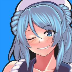 10s 1girl blue_eyes blue_hair blush collarbone double_bun female_focus hair_bun hat kantai_collection kupala looking_at_viewer matching_hair/eyes one_eye_closed portrait school_uniform serafuku sleeves_rolled_up smile solo urakaze_(kancolle) white_hat