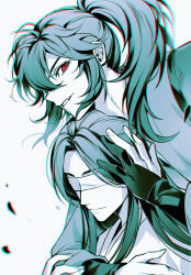 Rule 34 | 2boys, absurdres, arm around shoulder, blindfold, chinese clothes, chinese commentary, chromatic aberration, closed mouth, fang, gloves, grin, hand on another&#039;s head, hanfu, helen roro, high ponytail, highres, long hair, long sleeves, looking at viewer, male focus, modao zushi, multiple boys, partially colored, partially fingerless gloves, ponytail, red eyes, simple background, smile, spot color, upper body, xiao xingchen, xue yang