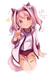 Rule 34 | &gt;:), 1girl, absurdres, alternate hairstyle, animal ears, bandaid, blush, bow, buruma, closed mouth, commentary request, cowboy shot, ear covers, flower in eye, gym shirt, gym uniform, hair bow, hairband, haru urara (umamusume), head tilt, highres, horse ears, horse girl, horse tail, jacket, long sleeves, looking at viewer, moko39 takasora, open clothes, open jacket, pink eyes, pink hair, red buruma, red trim, shirt, short hair, smile, solo, symbol in eye, tail, twintails, twintails day, umamusume, v-shaped eyebrows, white jacket, white shirt
