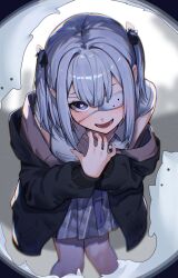 1girl blue_eyes blush eyepatch grey_hair heart heart-shaped_pupils highres jacket jacket_partially_removed kaga_sumire kaga_sumire_(2nd_costume) looking_at_viewer medical_eyepatch monitoring_(vocaloid) necktie off_shoulder open_mouth parody pov_peephole ringozeri skirt smile solo symbol-shaped_pupils two_side_up virtual_youtuber vspo!