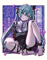 1girl absurdres ahoge ankle_cuffs aqua_eyes aqua_hair bandaid bandaid_on_leg barefoot black_nails black_shorts blush character_name commentary english_text eyelashes garan_(garan0502) hair_between_eyes hatsune_miku highres knee_up long_hair long_sleeves looking_at_viewer nail_polish pout restrained shorts sitting solo star_(symbol) straitjacket thighs toenail_polish toenails twintails very_long_hair vocaloid