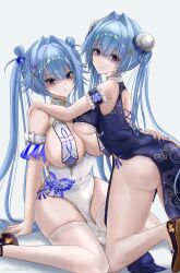 2girls absurdres artist_name ass blue_dress blue_eyes blue_hair breast_curtains breasts commentary_request dress goddess_of_victory:_nikke gretel_(nikke) hair_intakes hansel_(nikke) highres large_breasts multiple_girls partially_shaded_face pelvic_curtain siblings simple_background sisters sunameri_(pixiv3564245) thighhighs twintails white_background white_dress white_thighhighs