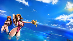 2girls armpits bikini bleach blonde_hair blue_sky breasts cleavage day hip_focus horizon huge_breasts inoue_orihime kon_(bleach) long_hair long_image matsumoto_rangiku multiple_girls narrow_waist ocean one_eye_closed orange_hair sky slingshot_swimsuit swimsuit t-spec water watermark wet wide_hips wide_image wink