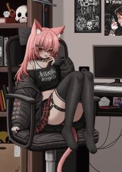Rule 34 | 1girl, absurdres, animal ear fluff, animal ears, bell, black nails, black thighhighs, cat ears, cat girl, cat tail, computer keyboard, goth fashion, hair between eyes, highres, jacket, lobsteranian, long hair, looking at viewer, midriff, monitor, my chemical romance, neck bell, open clothes, open jacket, original, pink hair, pleated skirt, poster (object), print shirt, red eyes, shirt, sitting, skirt, skull, solo, tail, thighhighs