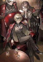 1girl 2boys black_eyes blonde_hair blue_eyes breasts brown_hair chair coat coat_on_shoulders crossed_legs cup drink explosive formal_clothes glasses grenade highres holding holding_cup large_breasts limbus_company long_hair looking_at_viewer maruma_gozu meursault_(project_moon) multiple_boys necktie project_moon red_coat rodion_(project_moon) short_hair sinclair_(project_moon) sitting suit table thumb yellow_eyes