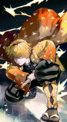 Rule 34 | 1boy, absurdres, agatsuma zenitsu, black background, black jacket, black socks, blonde hair, buttons, closed eyes, demon slayer uniform, full body, haori, highres, holding, holding sword, holding weapon, jacket, japanese clothes, katana, kimetsu no yaiba, kyuuba melo, leg warmers, lightning, male focus, multicolored hair, orange hair, parted lips, sandals, sheath, sheathed, socks, solo, sword, tabi, two-tone hair, weapon, yellow haori, yellow leg warmers, zouri