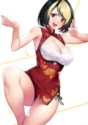1girl armpits bare_arms bare_legs black_hair blonde_hair bob_cut breasts china_dress chinese_clothes cleaned cleavage cleavage_cutout clothing_cutout cover cover_page covered_navel destiny_lovers dress fighting_stance floral_print floral_print_dress hands_up highres ko_shenfa large_breasts looking_to_the_side manga_cover multicolored_hair official_art open_mouth paint_splatter panties pantyshot pink_nails red_eyes short_dress side-tie_panties simple_background sleeveless sleeveless_dress solo standing standing_on_one_leg teeth thighs third-party_edit third-party_source tomohiro_kai two-tone_hair underwear upper_teeth_only white_background