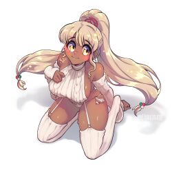 1girl alternate_costume alternate_hairstyle bare_shoulders blonde_hair breasts cable_knit closed_mouth commentary cropped_sweater dark-skinned_female dark_skin detached_sleeves english_commentary garter_straps high_ponytail highres hollewdz hololive hololive_english kneeling large_breasts light_brown_hair limiter_(tsukumo_sana) long_hair looking_at_viewer meme_attire panties ponytail ribbed_sleeves ribbed_sweater ribbed_thighhighs side-tie_panties sideboob sideless_sweater sidelocks smile solo sweater thighhighs thong tsukumo_sana twitter_username underwear very_long_hair virgin_destroyer_sweater virtual_youtuber white_garter_straps white_panties white_sweater yellow_eyes