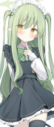 1girl absurdres alternate_costume black_thighhighs blue_archive blush bow bowtie collared_shirt commentary_request frilled_skirt frills green_bow green_bowtie green_halo grey_skirt hair_between_eyes hair_ribbon halo hanasaki_rin highres hikari_(blue_archive) long_hair long_sleeves looking_at_viewer maid_headdress pointy_ears ribbon shirt simple_background single_thighhigh skindentation skirt sleeves_past_wrists solo suspender_skirt suspenders thighhighs two_side_up very_long_hair white_background white_shirt yellow_eyes