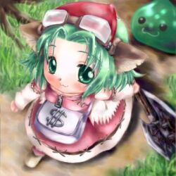 1girl 2000s_(style) :3 axe badbullet blush closed_mouth commentary_request dollar_sign from_above full_body goggles goggles_on_head green_eyes green_hair grey_bag holding holding_axe looking_at_viewer lowres merchant_(ragnarok_online) parted_bangs pink_skirt pink_vest poporing ragnarok_online shirt short_hair skirt slime_(creature) smile solo vest walking white_shirt