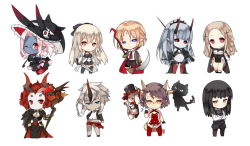 6+girls black_hair blue_skin blush borrowed_character cat chibi colored_skin full_body hat horns long_hair looking_at_viewer multiple_girls one_eye_closed original pink_hair pixiv_fantasia pixiv_fantasia_fallen_kings pointy_ears purple_eyes rabbit red_eyes red_hair saru scythe short_hair simple_background top_hat weapon white_background witch_hat yellow_eyes
