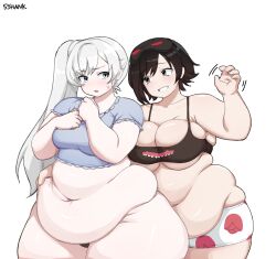 2girls 53hank absurdres artist_name belly_grab black_bra black_hair black_panties blue_eyes blue_shirt blush boxer_shorts bra breasts cleavage commission crop_top eye_mask fat fat_rolls fat_woman grey_eyes groping_motion hands_on_own_chest highres large_breasts long_hair medium_breasts multiple_girls navel obese on_head open_mouth panties polka_dot ruby_rose rwby shirt short_hair short_shorts shorts side_ponytail sleep_mask smile standing sweat thick_thighs thighs underwear vgen_commission weiss_schnee white_background white_hair wide_hips