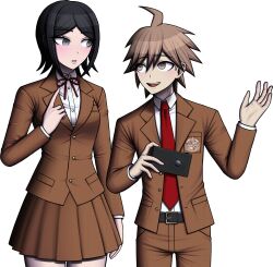 1boy 1girl absurdres ahoge black_hair brown_hair brown_jacket brown_skirt camera collared_shirt danganronpa:_trigger_happy_havoc danganronpa_(series) freckles fulltimeangel13 highres holding holding_camera hope&#039;s_peak_academy_school_uniform ikusaba_mukuro jacket naegi_makoto necktie open_clothes open_jacket red_necktie red_ribbon ribbon school_uniform shirt short_hair simple_background skirt white_background