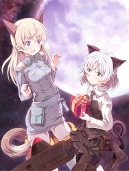 2girls absurdres animal_ears binzume_suika black_jacket black_necktie black_pantyhose blue_jacket box breasts cat_ears cat_girl cat_tail eila_ilmatar_juutilainen flying fox_ears fox_girl fox_tail full_moon gift gift_box highres holding jacket long_hair looking_at_another medium_breasts military military_uniform moon multiple_girls necktie night night_sky pantyhose sanya_v._litvyak short_hair sky star_(sky) strike_witches striker_unit tail white_hair white_pantyhose world_witches_series