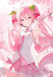1girl cherry_blossoms cherry_hair_ornament collared_shirt day detached_sleeves dress_shirt floating_hair flower food-themed_hair_ornament hair_between_eyes hair_ornament hatsune_miku headphones headset highres long_hair long_sleeves looking_at_viewer microphone miniskirt necktie outdoors parted_lips pink_eyes pink_flower pink_hair pink_necktie pink_skirt pink_sleeves pleated_skirt sakura_miku shirt signature skirt sleeveless sleeveless_shirt solo spring_(season) standing takimii thigh_gap twintails very_long_hair vocaloid white_shirt wing_collar