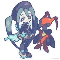 1girl bug_miku_(project_voltage) chinese_commentary commentary_request full_body gen_4_pokemon green_eyes green_hair hat hatsune_miku highres horrorratman kricketune long_hair long_sleeves looking_at_viewer nintendo pokemon project_voltage simple_background standing vocaloid white_background