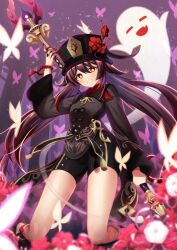 Rule 34 | 1girl, adversarial noise, animal, arm up, azuma yuki, black hat, black nails, black shoes, black shorts, blurry, blurry foreground, blush, boo tao (genshin impact), breasts, brown hair, brown jacket, bug, butterfly, chinese clothes, coattails, collared coat, commentary request, depth of field, flower, flower-shaped pupils, genshin impact, ghost, grin, hair between eyes, hat, hat flower, highres, holding, hu tao (genshin impact), insect, jacket, jewelry, kneeling, long hair, long sleeves, looking at viewer, low twintails, porkpie hat, red eyes, red flower, red shirt, revision, ring, shirt, shoes, short shorts, shorts, small breasts, smile, socks, solo, staff of homa (genshin impact), symbol-shaped pupils, twintails, very long hair, white flower, white socks, wide sleeves