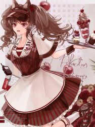 1girl :d alternate_costume angelina_(arknights) animal_ear_fluff animal_ears apron arknights artist_name black_wrist_cuffs brown_hair cellphone checkered_background cherry collarbone commentary_request cupcake dot_nose dress english_text food fox_ears fox_girl frilled_dress frills fruit glass grey_background hat highres holding holding_tray kneehighs leg_up long_hair menu open_mouth parfait phone pin pinstripe_dress pinstripe_pattern pudding rainbow red_eyes red_hat shoes short_sleeves signature smile sneakers socks solo tray twintails visor_cap waist_apron waitress white_socks wide_sleeves wrist_cuffs yuzuki_nwk